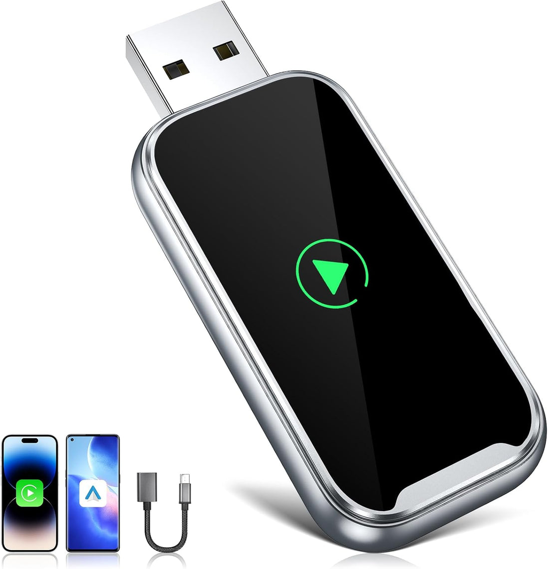 Vezeték nélküli CarPlay és Android Auto adapter USB csatlakozóval, mellette telefonok és kábel