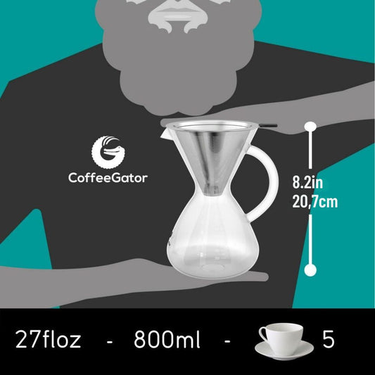 Pour Over Kávékészítő 800ml - Üveg Kanna Fém Szűrővel, Kézi Filteres Kávéfőző