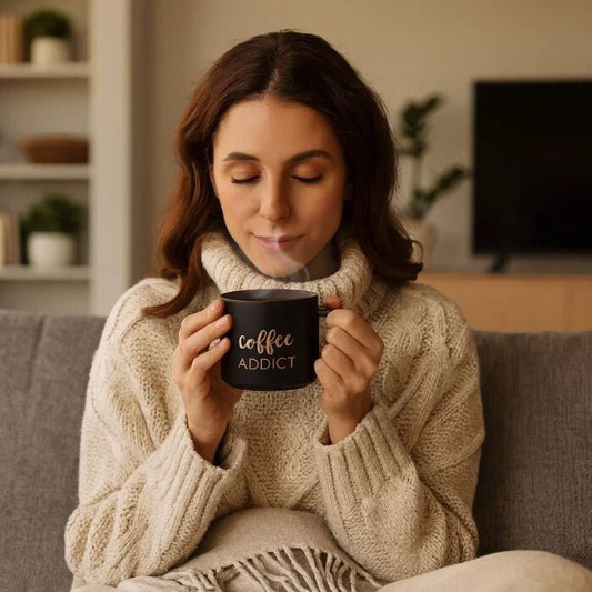 Coffee Addict Kerámia Bögre – 410 ml, Kék Arany Felirattal