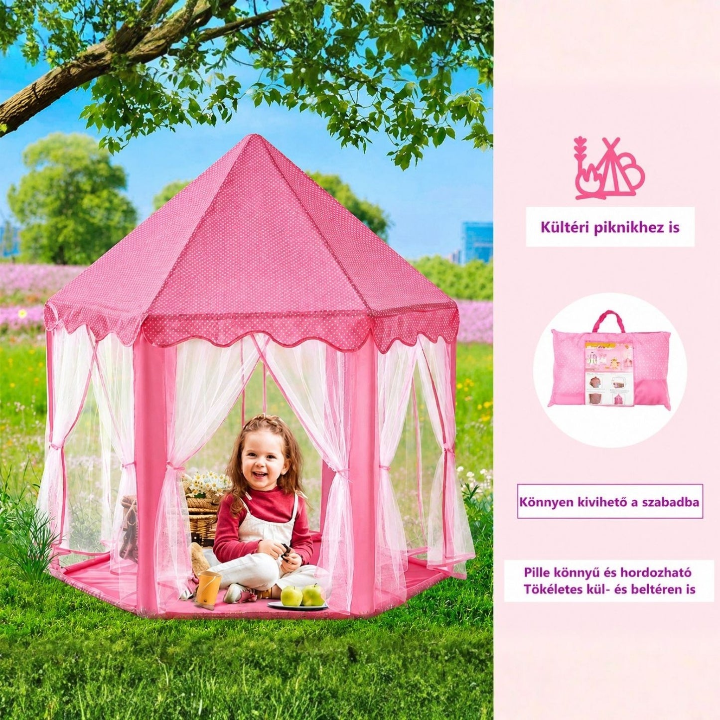 BDream Rózsaszín Hercegnő Játszósátor Gyerekeknek – Beltéri és Kültéri Sátor 140 × 135 cm