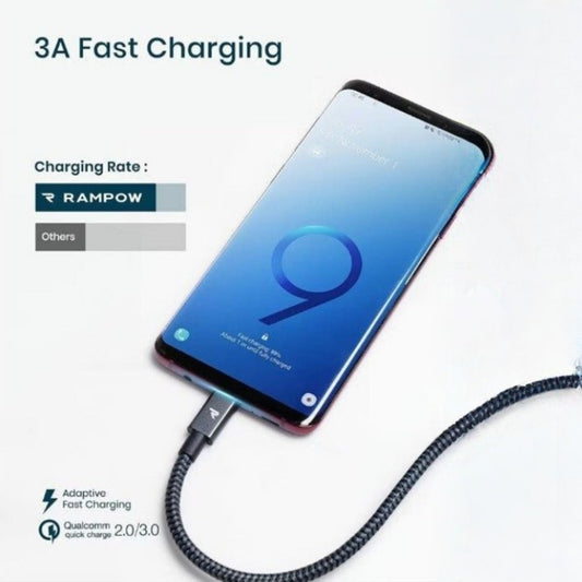 Rampow USB-C Fonott Adatkábel 2m Szürke - Gyorstöltés és Adatátvitel