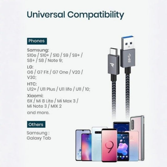 Rampow USB-C Fonott Adatkábel 2m Szürke - Gyorstöltés és Adatátvitel