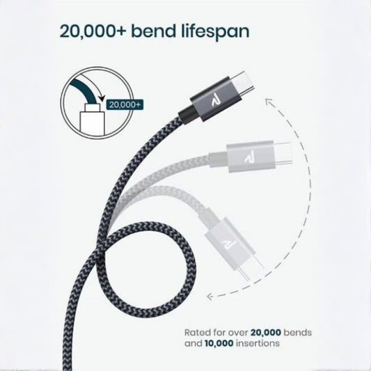 Rampow USB-C Fonott Adatkábel 2m Szürke - Gyorstöltés és Adatátvitel