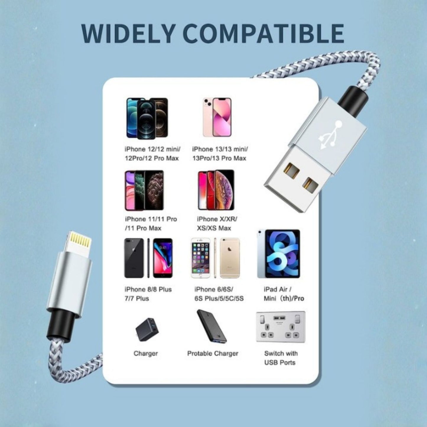 iPhone Töltőkábel 4 db - 1 m, Fonott Nylon, Fehér-Szürke, Lightning Kábel Szett