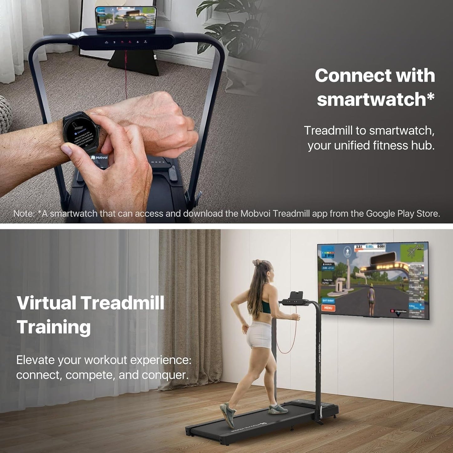 Mobvoi Home T4225 2 az 1-ben Összecsukható Sétáló- és Futópad (12 km/h) – Bluetooth Hangszóróval, AI Edzéstámogatással és Manuális Dőlésszöggel