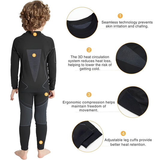 NOOYME Gyerek Téli Thermo Ruha Szett - Meleg Alsó és Felső, Fekete 140-145 cm