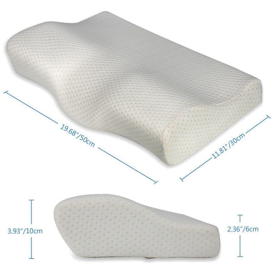 Ergonomikus Blux nyakpárna méretei felülről és oldalról, 50 × 30 cm, 10–7 cm magas
