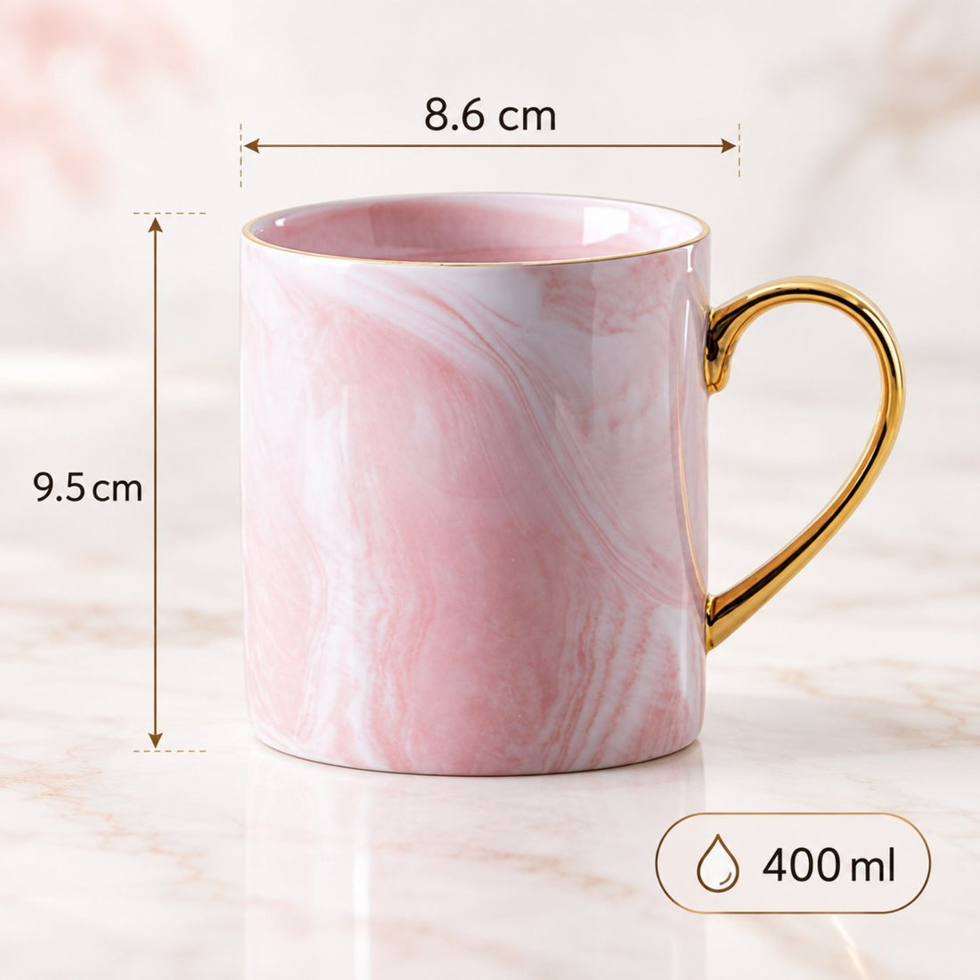 Márvány hatású bögre méretei: 8,6 cm átmérő, 9,5 cm magas, 400 ml