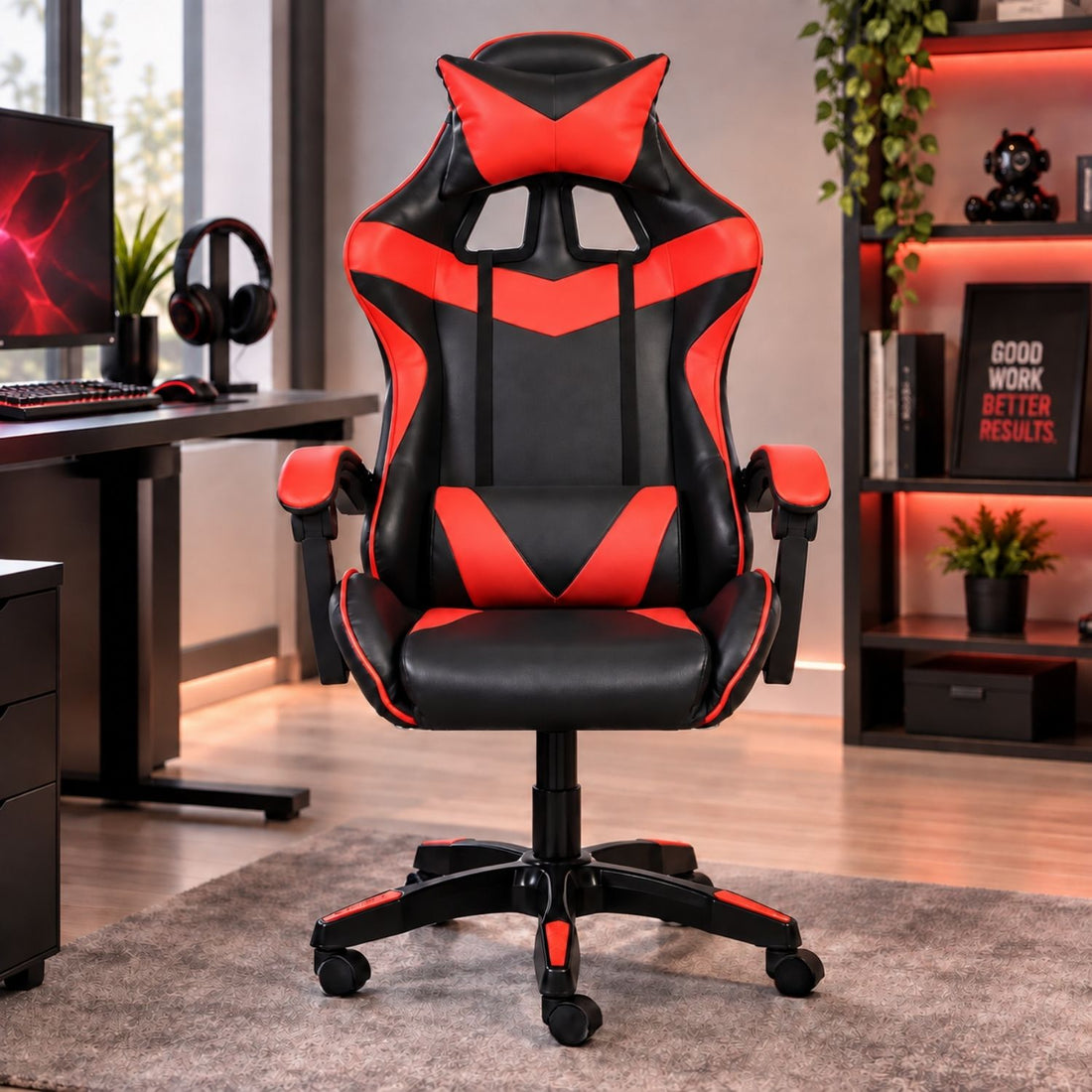 Insma fekete-piros gamer szék szemből, piros LED-es játéksarokban