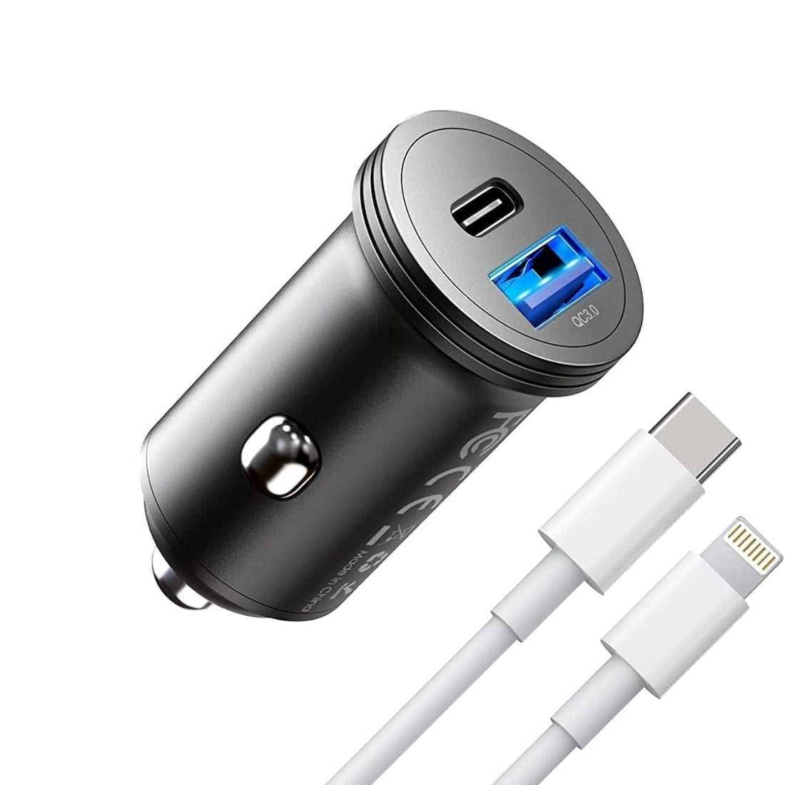 USB-C autós töltő szürke fém házzal, USB-C és USB-A porttal, fehér USB-C–Lightning kábellel