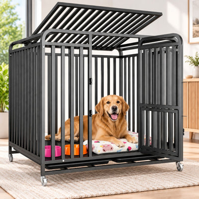 Fekete fém kutyaketrec kerekeken nyitott tetővel, benne golden retriever fekszik