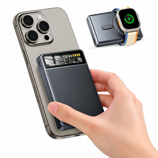 KPON KH70 mágneses power bank iPhone hátára csatlakoztatva, mellette Apple Watch töltés közben