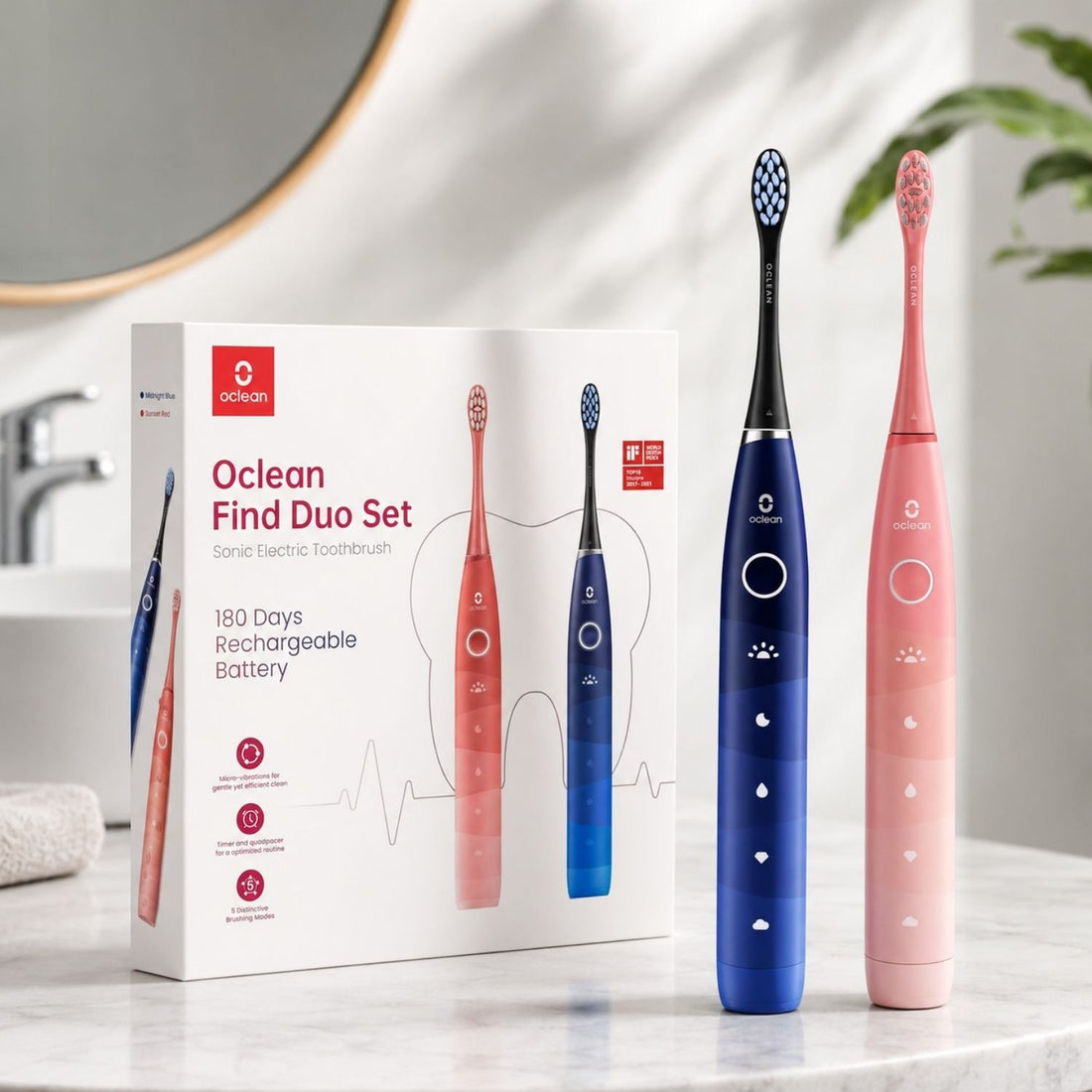 Oclean Find Duo szónikus fogkefe szett: kék és rózsaszín fogkefe a doboz előtt