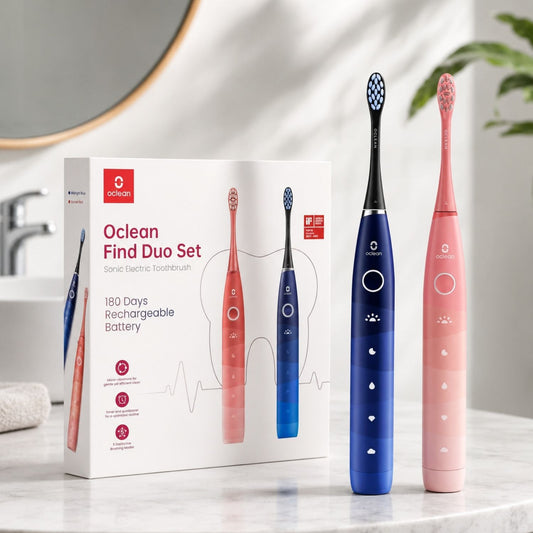 Oclean Find Duo szónikus fogkefe szett: kék és rózsaszín fogkefe a doboz előtt