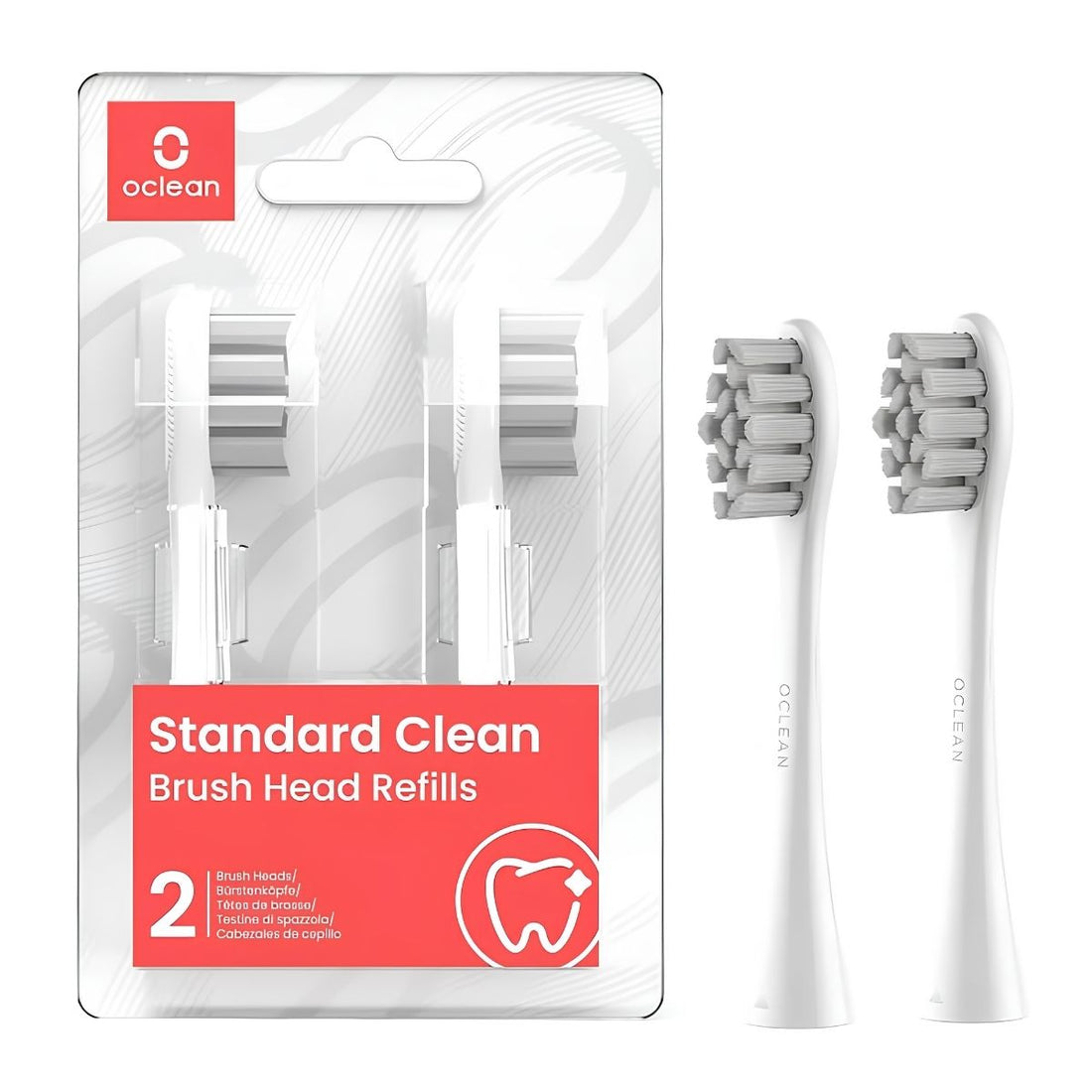 Oclean Standard Clean fogkefe pótfej 2 db-os csomagolásban, mellette a két fehér fej
