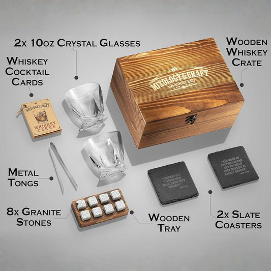 Prémium Whisky Szett 15 Részes - Kristály Poharakkal, Whisky Kövekkel és Bár Kiegészítőkkel