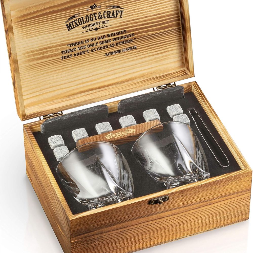 Prémium Whisky Szett 15 Részes - Kristály Poharakkal, Whisky Kövekkel és Bár Kiegészítőkkel