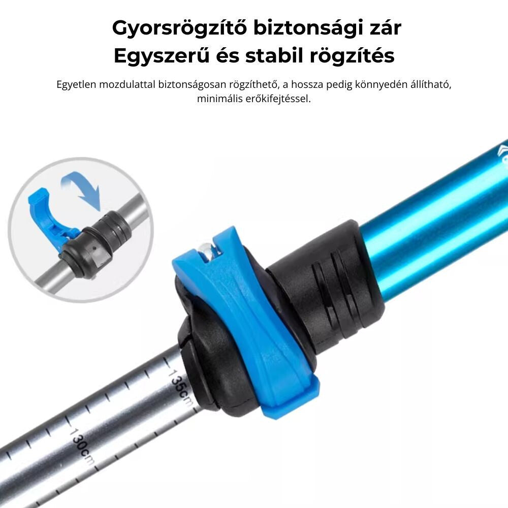Túrabot gyorsrögzítő biztonsági zárja közelről, egyszerű és stabil rögzítés