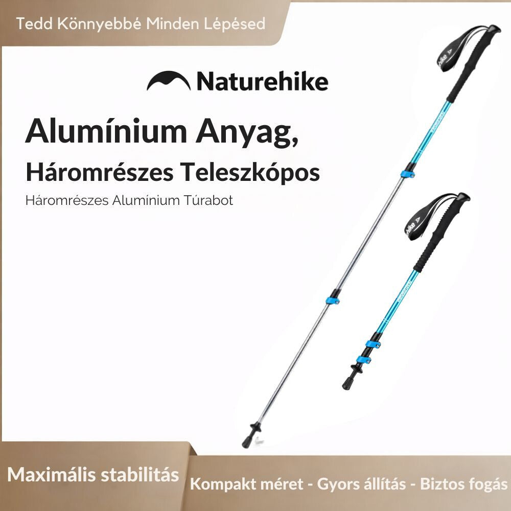 Háromrészes teleszkópos alumínium túrabot pár összecsukva és kinyitva