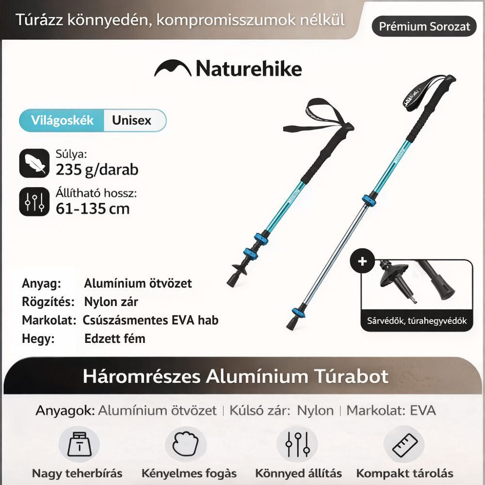 Naturehike túrabot műszaki adatai: 235 g, 61–135 cm, alumínium ötvözet, EVA markolat