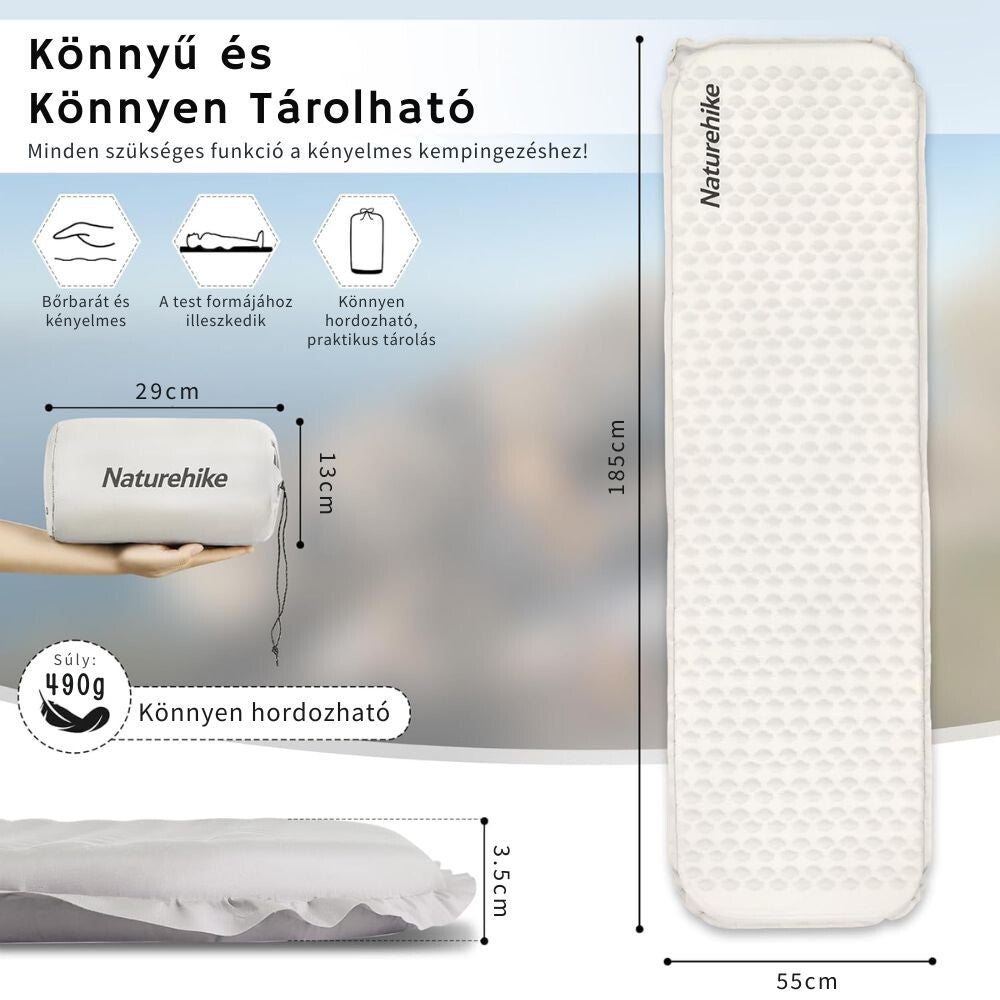 Naturehike Könnyen Felfújható Kempingmatrac – 3,5 cm Vastag, Ultrakönnyű (490 g), Téglalap Forma, Világosszürke