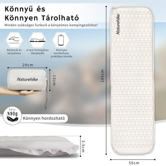 Naturehike Könnyen Felfújható Kempingmatrac – 3,5 cm Vastag, Ultrakönnyű (490 g), Téglalap Forma, Világosszürke