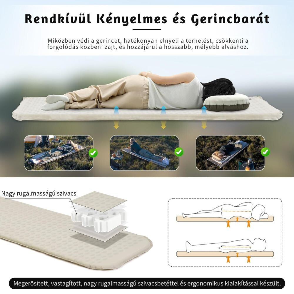 Naturehike Könnyen Felfújható Kempingmatrac – 3,5 cm Vastag, Ultrakönnyű (490 g), Téglalap Forma, Világosszürke