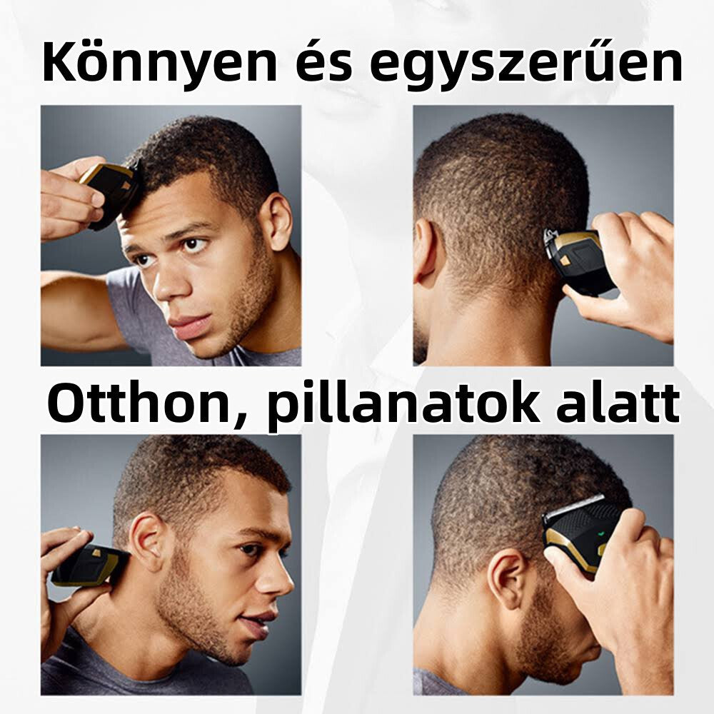 Meigou egykezes hajnyíró otthoni használata, férfi saját fejét nyírja négy lépésben