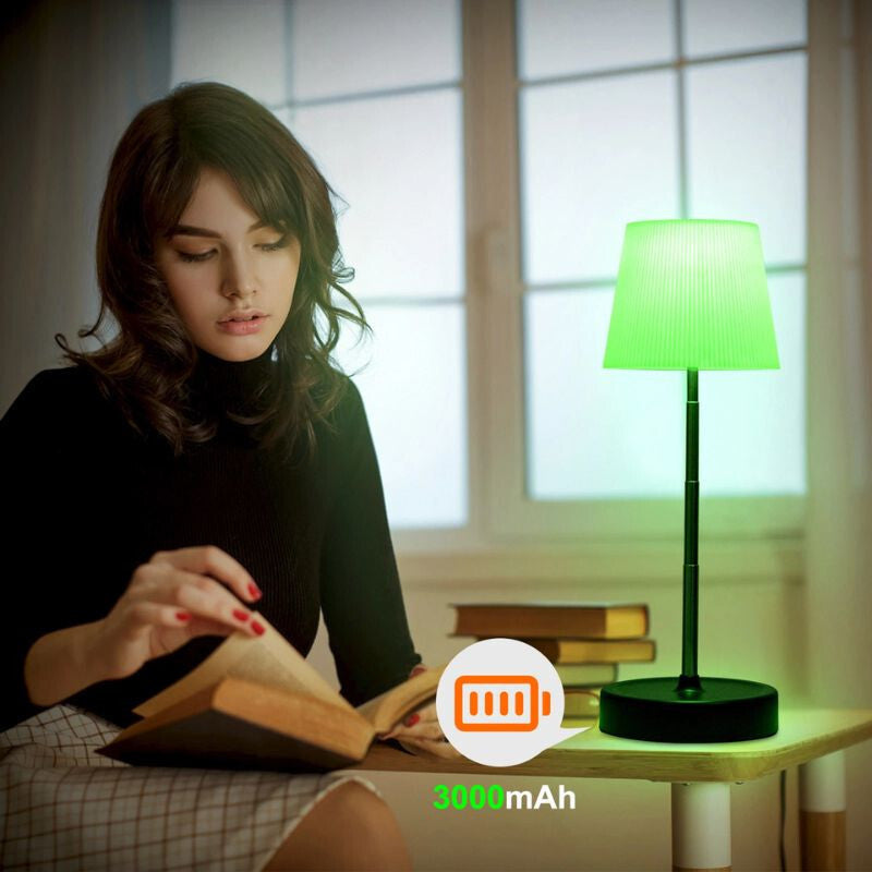 Bgprider LED lámpa zöld fénnyel az ablakpárkányon, mellette olvasó nő