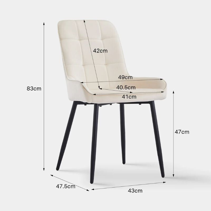 Bársony étkezőszék méretekkel: 83 cm magas, 47 cm ülésmagasság, 43 cm széles