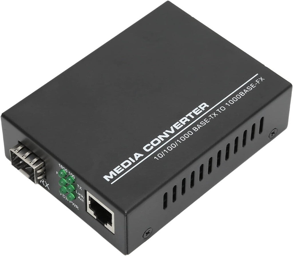 Gigabit SFP media converter előlapja SFP porttal, RJ45 aljzattal és LED-ekkel
