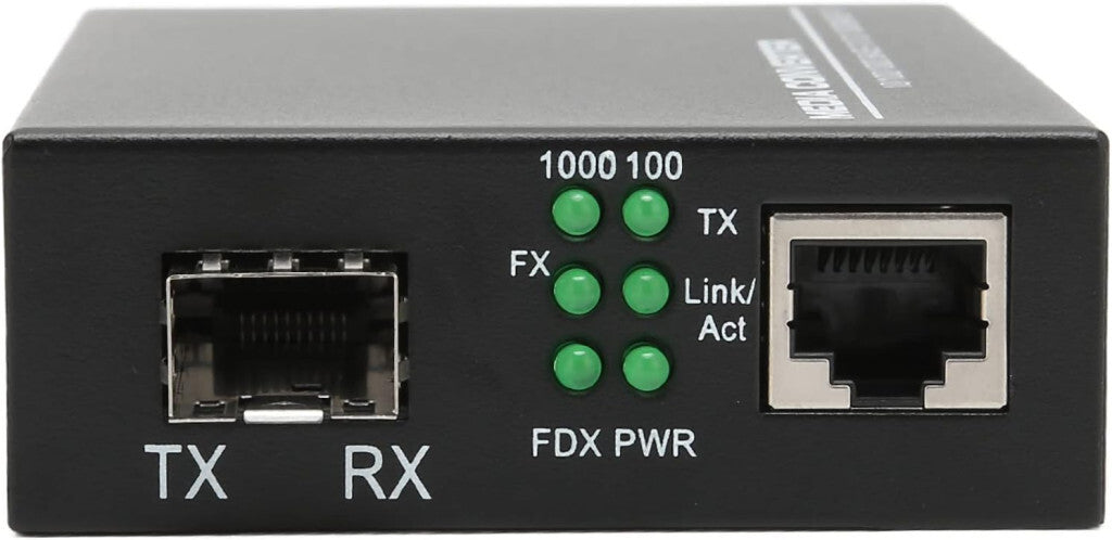 SFP media converter előlap részlete TX/RX optikai porttal és állapotjelző LED-ekkel