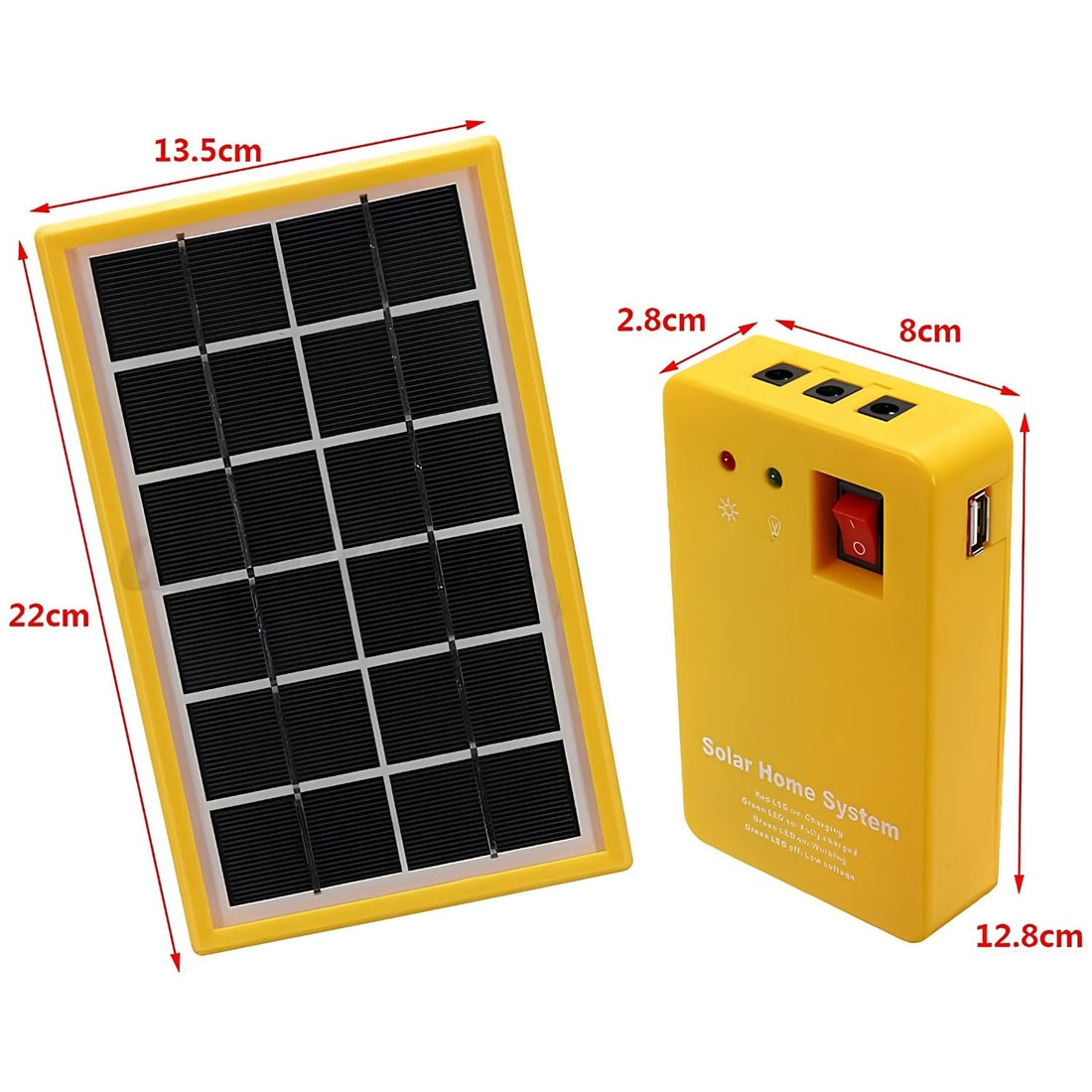 Mini napelem panel és sárga vezérlőegység méretei centiméterben, USB kimenetekkel