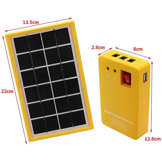 Mini napelem panel és sárga vezérlőegység méretei centiméterben, USB kimenetekkel