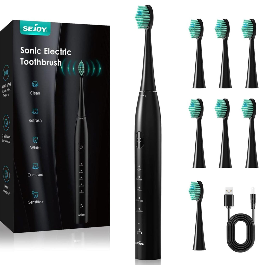 Sejoy DY156 szónikus elektromos fogkefe feketében, pótfejekkel, USB töltőkábellel és dobozzal