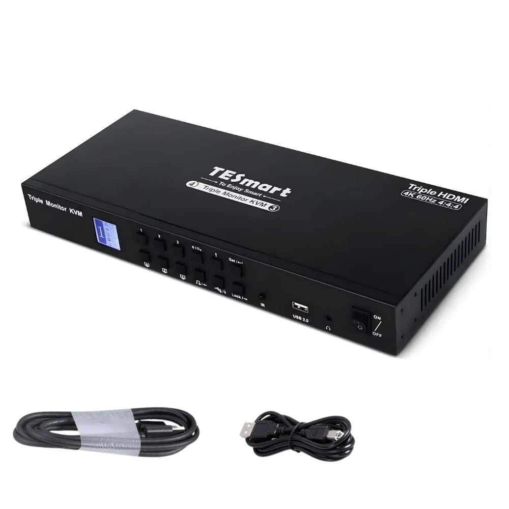 TESmart Triple Monitor HDMI KVM switch fekete házzal, kábelekkel és távirányítóval