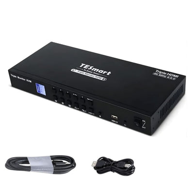 TESmart Triple Monitor HDMI KVM Switch – 4 Számítógép, 3 Monitor, 4K 60Hz, USB és Hang Megosztás - Maxihome