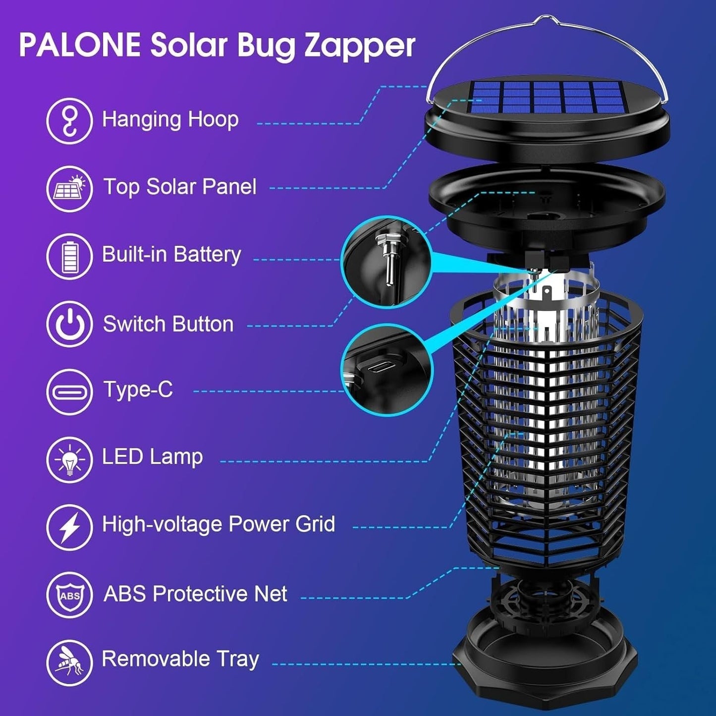 PALONE LT808S Napelemes Elektromos Szúnyogirtó Lámpa és UV Rovarcsapda - 4500V, IPX4, 100 m²