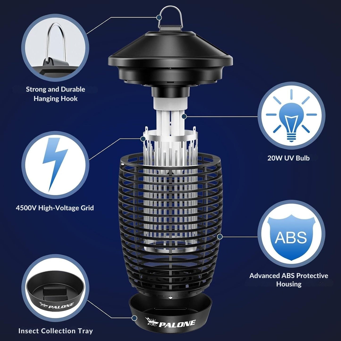 PALONE LT806 Elektromos Rovarcsapda UV Fénnyel - Szúnyogirtó Lámpa, 20W, 4500V, IPX4, 100 m²