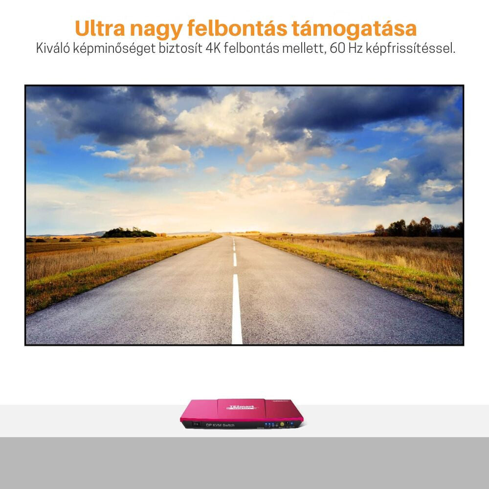 4K felbontás támogatása, monitoron országút képe a KVM switch felett