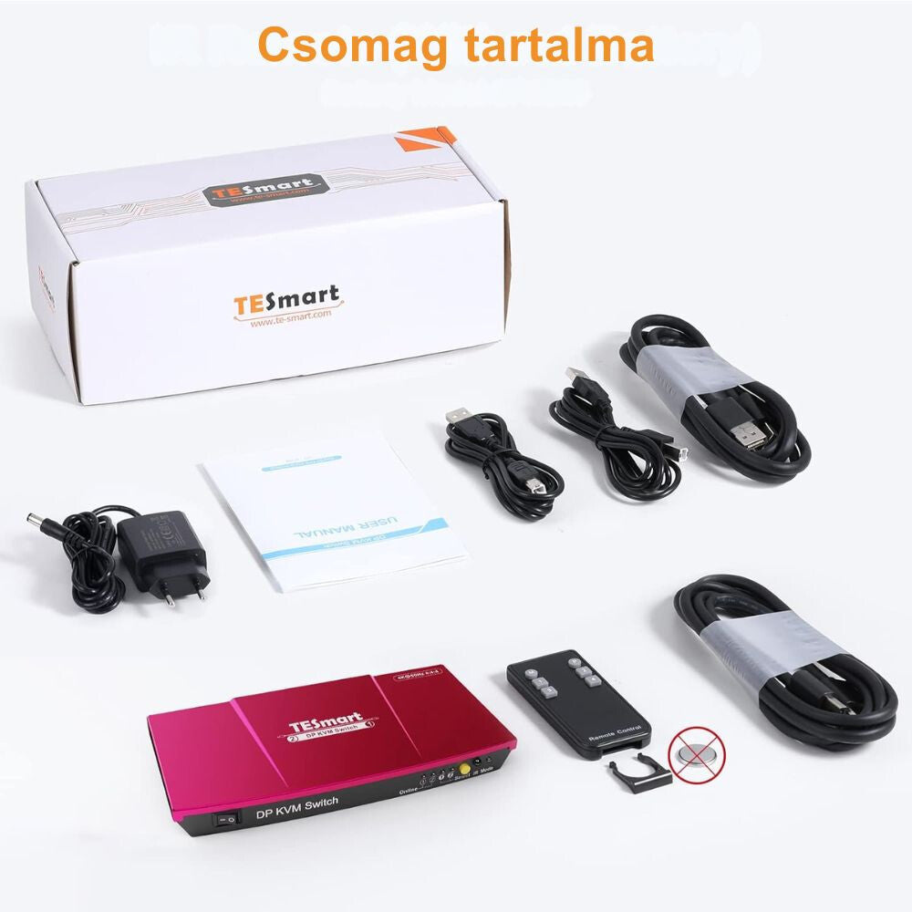 TESmart KVM switch csomag tartalma: doboz, tápegység, kábelek és távirányító gomb
