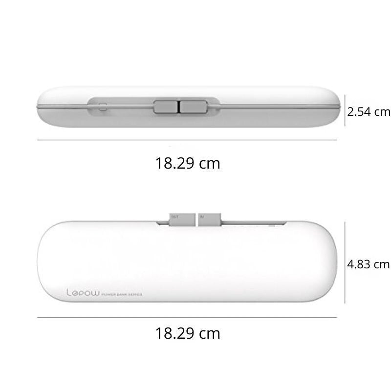 Lepow Simplicity power bank méretei: 18,29 cm hossz, 4,83 cm szélesség, 2,54 cm vastagság