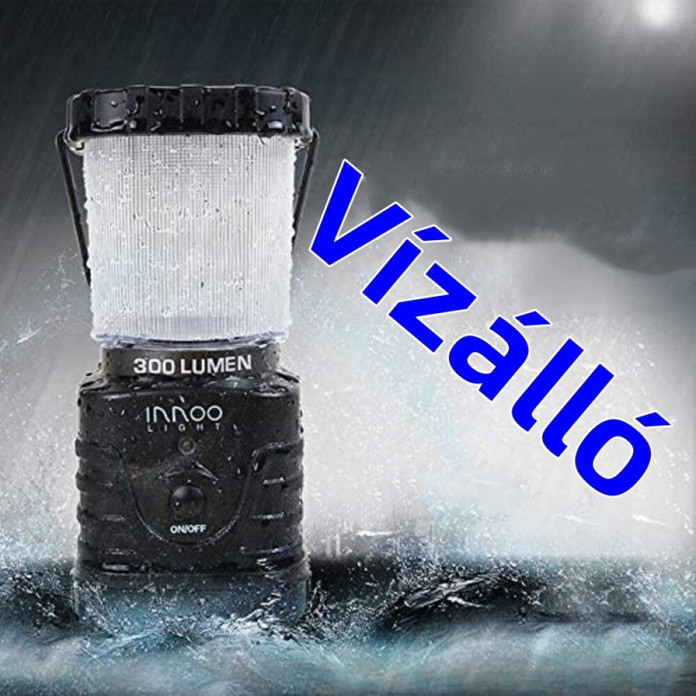 Innoo hordozható kempinglámpa vízcseppek között, vízálló kialakítás