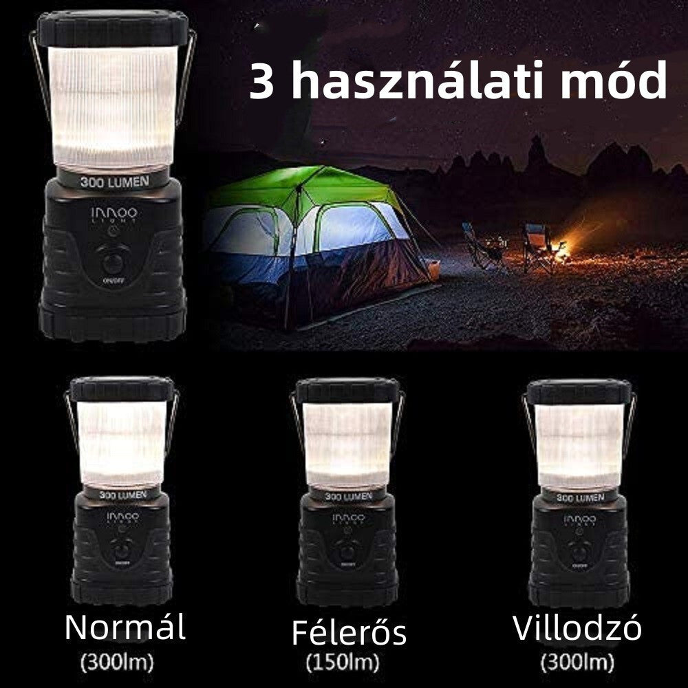Innoo kempinglámpa 3 fénymódja: normál, félerős és villogó, sátor mellett