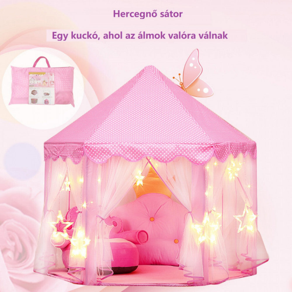 BDream hercegnő sátor fényfüzérrel és csillagokkal díszítve, mellette a hordtáska