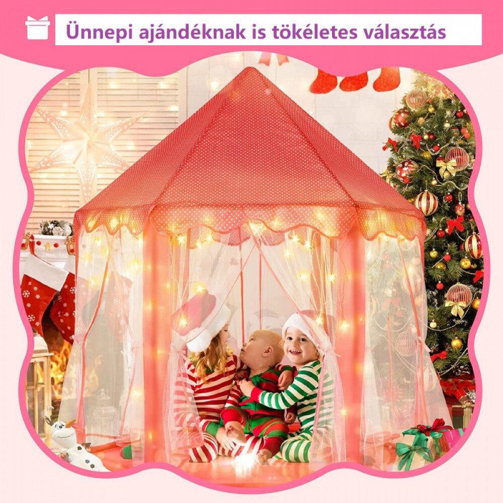 BDream hercegnő játszósátor karácsonyfa mellett, benne gyerekek pizsamában