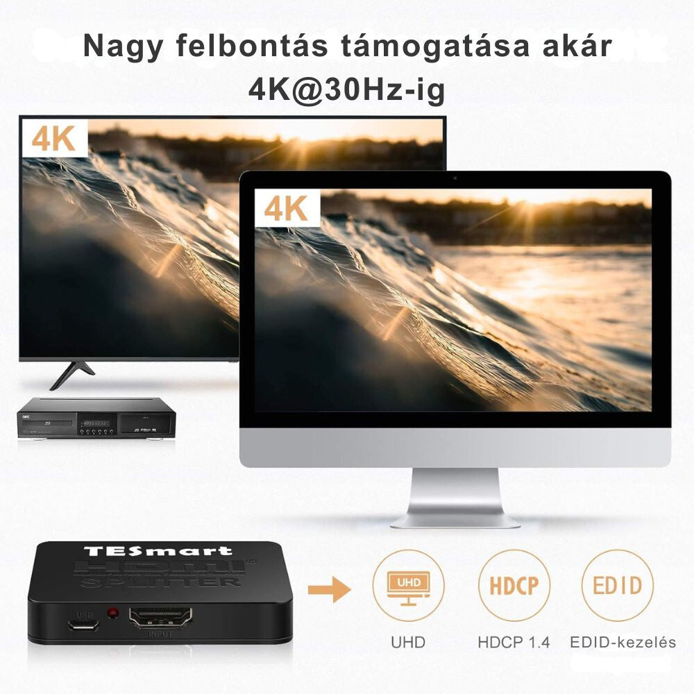 HDMI splitter egyszerre két kijelzőre küldi a 4K képet, tévé és monitor