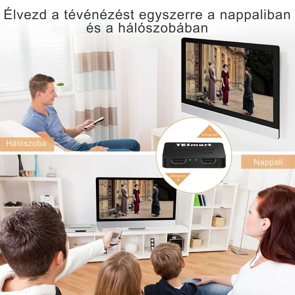 Család két szobában ugyanazt a műsort nézi a HDMI elosztóval, nappali és hálószoba
