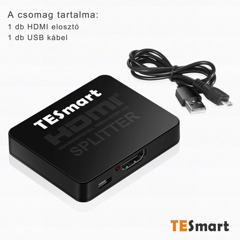 A csomag tartalma: TESmart HDMI elosztó és USB tápkábel