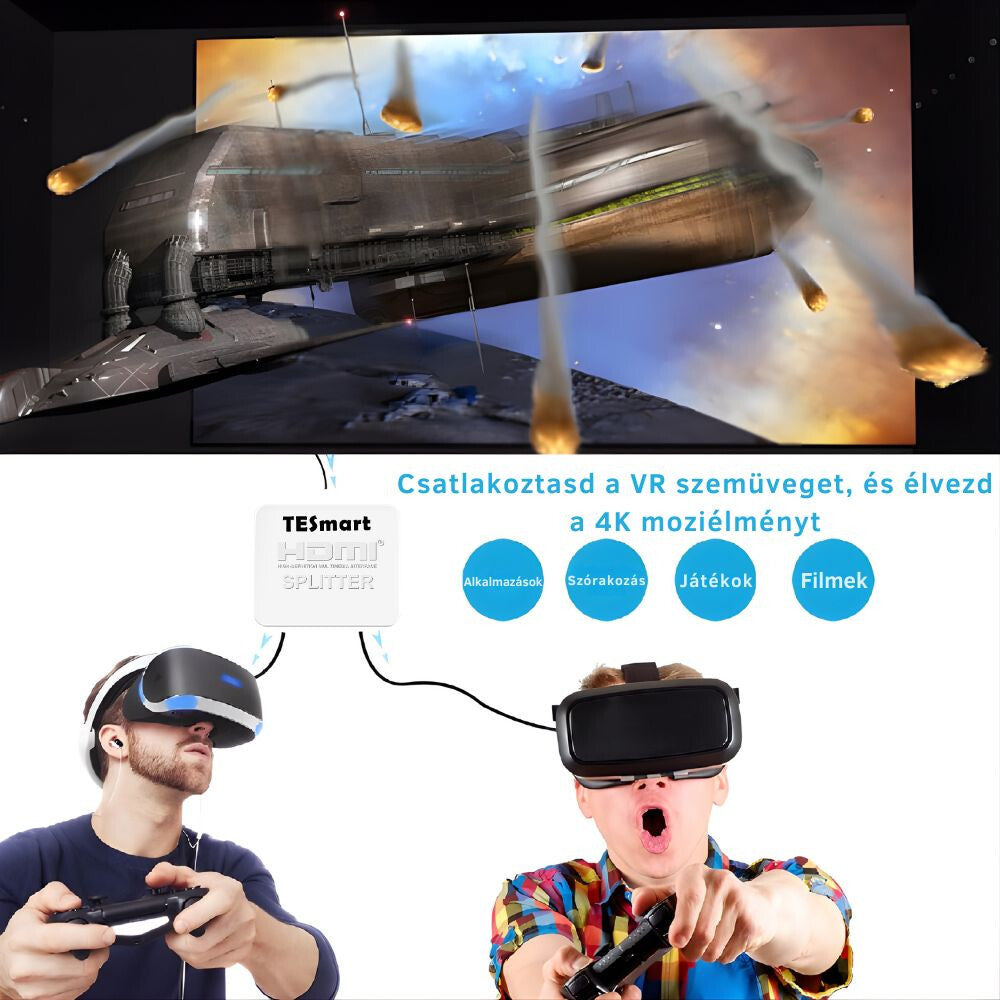 TESmart HDMI splitter VR szemüveggel játszó gyerekekkel és nagy kijelzővel